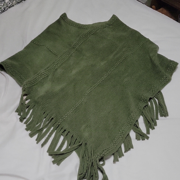 Olive Green Knit Fringe Poncho Sweater - Picture 1 of 3